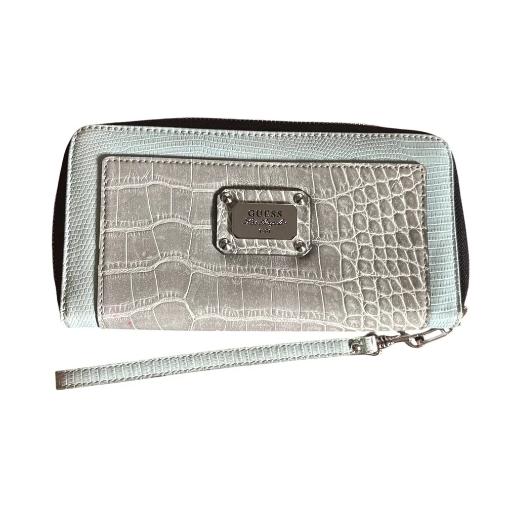 Guess Grey Teal Faux Snakeskin‎ Embossed Zip Around Wallet Clutch